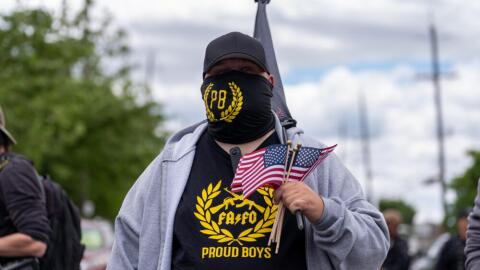 A member of the Proud Boys demonstrates outside of Delaney Hall Immigration Detention Center on May 30, 2026 in Newark, New Jersey. (David Dee Delgado/Getty Images)