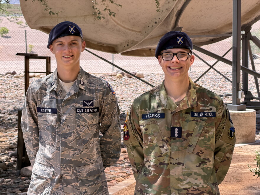 Civil Air Patrol cadets Mason Carter and Michael Starks outside of KJZZ