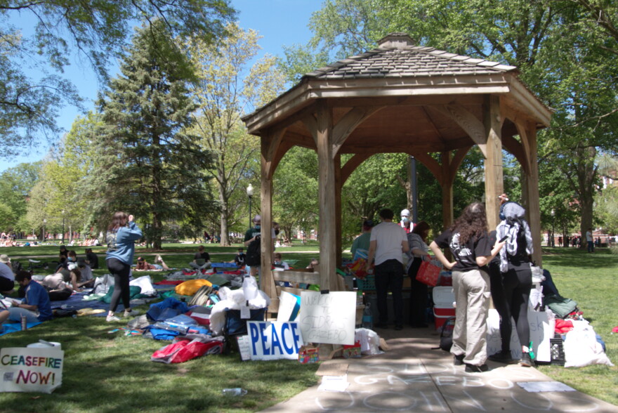 A vibrant park scene with people gathered around a wooden gazebo during a peaceful protest, with signs promoting peace scattered among the grassy area.