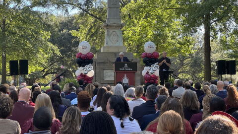 President Michael Amiridis speaking at the State of the University in the USC Horseshoe on September 9, 2026.