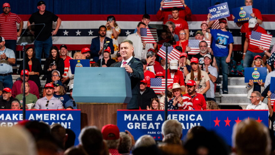 Kansas Rep. Pat Proctor prepares to speak ahead of President Donald Trump’s rally Oct. 19, 2026, at Heartland Credit Union Arena in Park City.