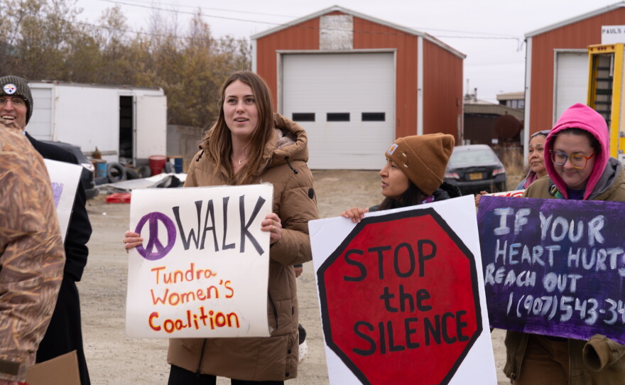 Marchers in the 2026 Peacewalk end their walk outside of the Tundra Women’s Coalition's building on Oct. 5, 2026.