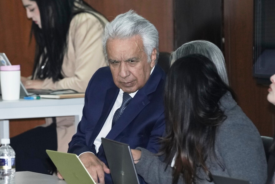 Ecuador's former President Lenin Moreno, who is charged with accepting bribes from Chinese company Sinohydro in connection with the construction of one of the country's hydroelectric power plants, attends a hearing at the National Court of Justice in Quito, Ecuador, Friday, Aug. 28, 2026.