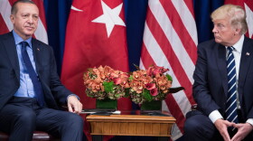 Turkey's President Recep Tayyip Erdogan and US President Donald Trump wait for a meeting at the Palace Hotel during the 72nd United Nations General Assembly September 21, 2017 in New York City.   (Brendan Smialowski/AFP via Getty Images)