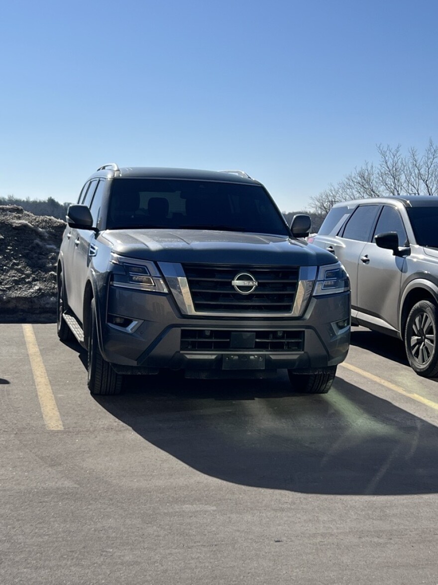 A vehicle sharing one of two duplicate license plates and no front plate is parked in the Crow Wing County parking lot behind the Community Services building on Thursday, Feb. 12, 2026. The vehicle was later confirmed to be used by Immigration and Customs Enforcement agents while stationed in the Brainerd area.