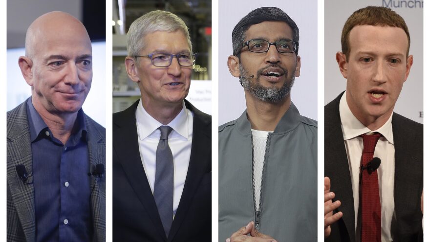 This combination of 2019-2020 photos shows Amazon CEO Jeff Bezos, Apple CEO Tim Cook, Google CEO Sundar Pichai and Facebook CEO Mark Zuckerberg. On Wednesday, July 29, 2020, the four Big Tech leaders will answer for their companies’ practices before Congress at a hearing by the House Judiciary subcommittee on antitrust. (AP Photo/Pablo Martinez Monsivais, Evan Vucci, Jeff Chiu, Jens Meyer)