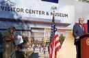 Alamo Trust CEO Kate Rogers. pictured far left in the shade, with Texas Lt. Governor Dan Patrick at groundbreaking for Alamo Visitor Center and Museum on Oct. 2, 2024
