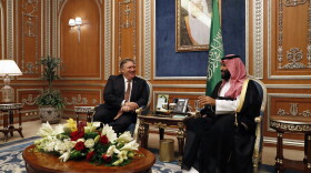 U.S. Secretary of State Mike Pompeo meets with the Saudi Crown Prince Mohammed bin Salman in Riyadh, Saudi Arabia, Tuesday Oct. 16, 2018. Pompeo also met on Tuesday with Saudi King Salman over the disappearance and alleged slaying of Saudi writer Jamal Khashoggi, who vanished two weeks ago during a visit to the Saudi Consulate in Istanbul. (Leah Millis/Pool via AP)