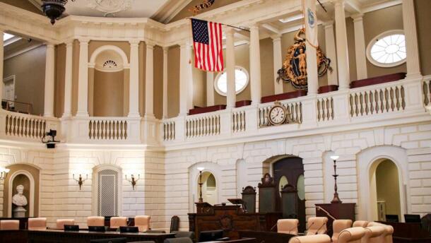 The public gallery balconies inside the Senate Chamber of the Massachusetts State House.