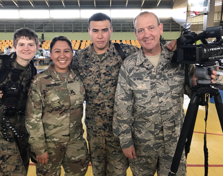 Lance Cpl. Faeth Webb USMC,  Capt. Maria Swatski Delaware Army NG,  Sgt. Andy Martinez USMC,  Senior Master Sgt. Vincent De Groot Iowa Air NG