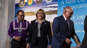 Choctaw Nation Chief Gary Batton, Oklahoma Gov. Mary Fallin and Chickasaw Nation Gov. Bill Anoatubby at a news conference announcing the water deal.