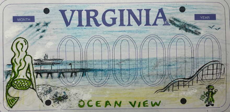 Larry Estes’ winning design for a new Ocean View license plate blends the neighborhood’s past and present, with a mermaid, a roller coaster from the old amusement park and a 1910 warship takeoff.