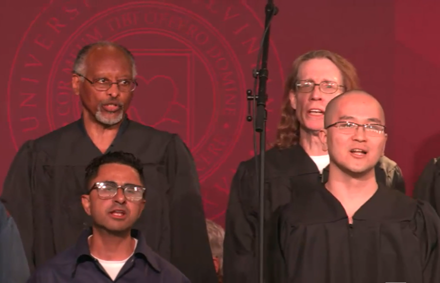 Inmates sing in a choir at a graduation ceremony where Calvin Prison Initiative students received associates and bachelor's degrees at the Richard A. Handlon Correctional Facility in Ionia, Mich.