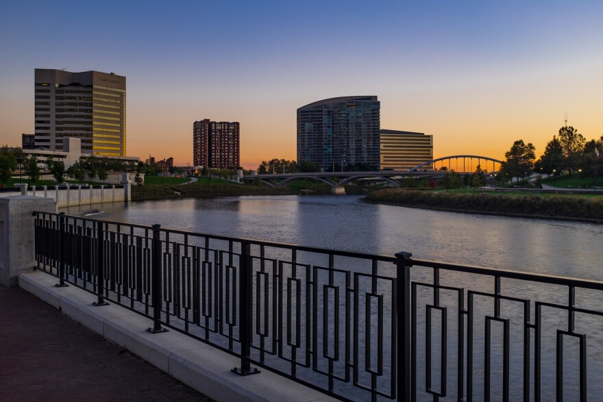 Downtown Columbus, buildings and water.