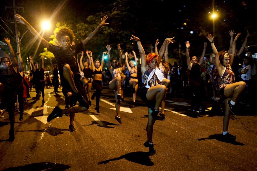 Salgueiro samba school performers rehearse for Carnival. The 12 top-tier samba schools fiercely compete to be crowned Carnival kings.