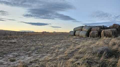 Round hay bales stacked near an empty corral.
