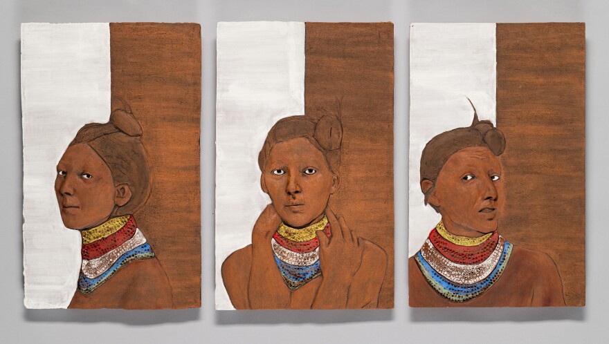 Portrait shows three images of a Native American woman wearing a colorful scarf