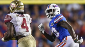 Florida defensive back Marcus Maye looks to stop Florida State University running back Dalvin Cook in the teams' 2015 game. Maye's season-ending injury during the South Carolina game Saturday makes him the third Florida player in the last two weeks who'll be out for the year. (File/ WUFT News)