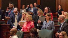 House Democrats surround Rep. Robyn Gabel, D-Evanston, as they vote on the fiscal year 2027 budget in the early hours of June 1, 2026.