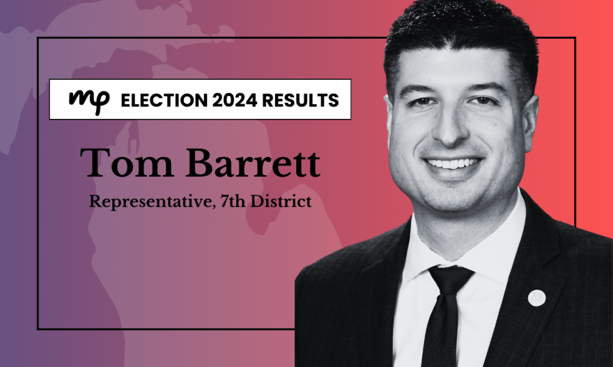 black and white image of Tom Barrett on red gradient background