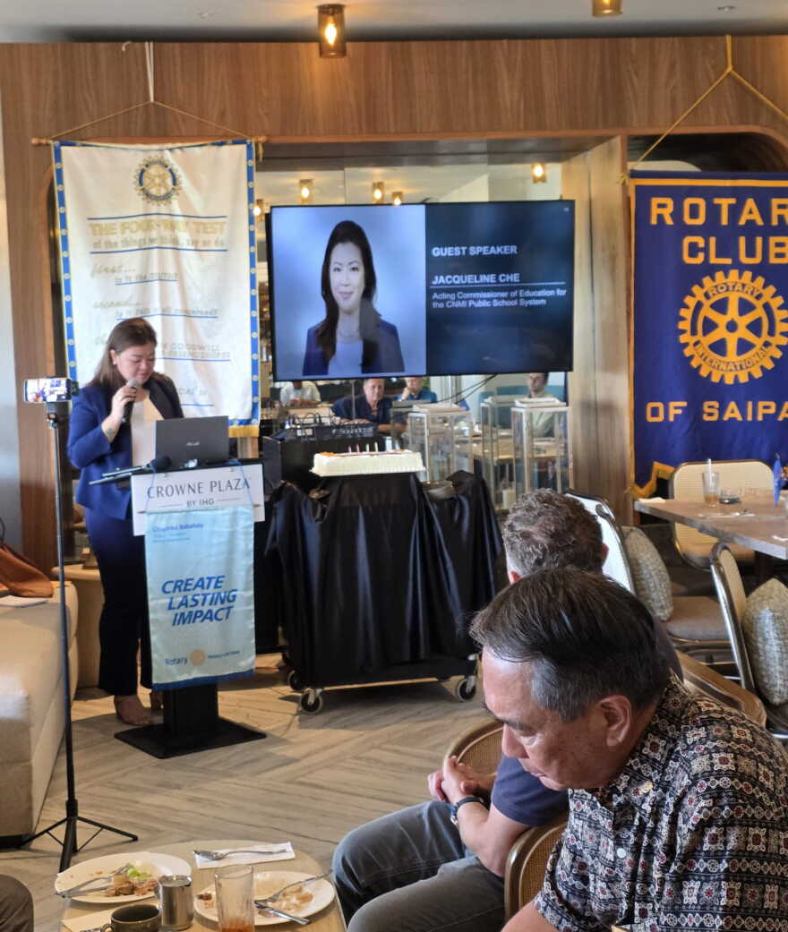 Acting CNMI PSS Commissioner Jacquilene Che speaks at the Rotary Club of Saipan Tuesday.