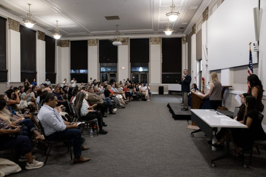 Richard Lopez, candidate for Merced County Superintendent of Schools speaks during a debate with opponent Ana Boyenga in Merced, Calif., on Tuesday, Sept. 29, 2026.