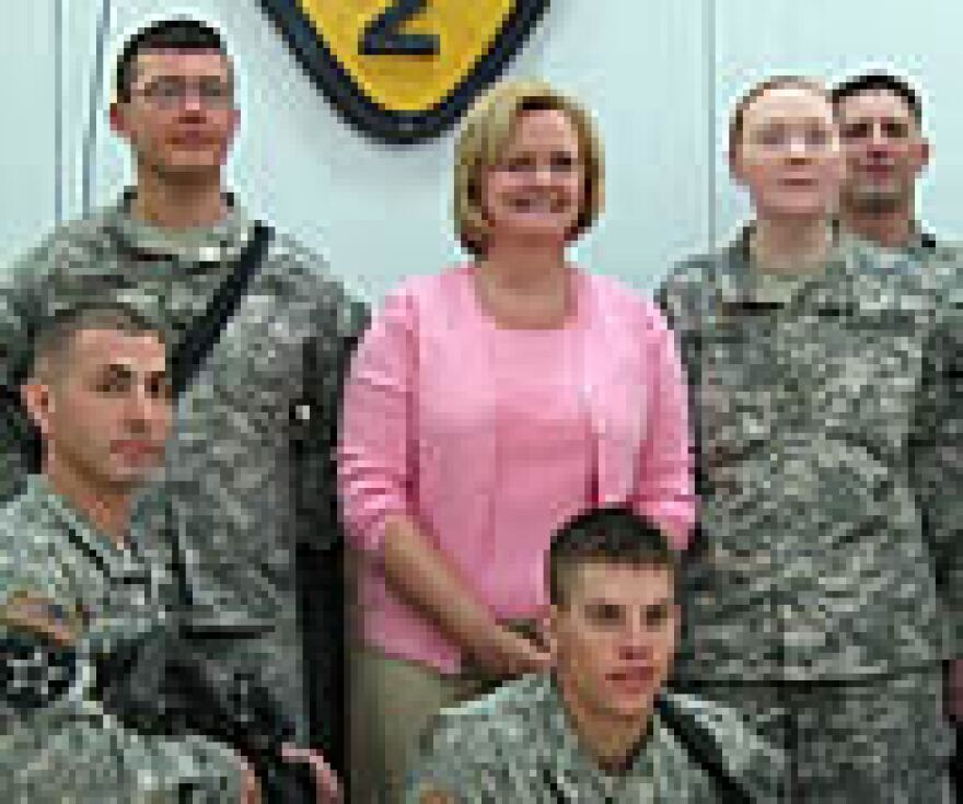 Sen. McCaskill, with troops from the Missouri 2nd Brigade, 1st Cavalry (photo from McCaskill's office)