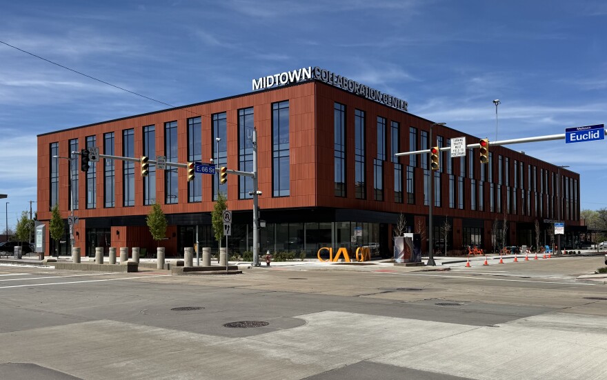 The Cleveland Foundation’s Midtown Collaboration Center, located on Euclid Avenue at East 66th Street in Cleveland, is an example of transit-oriented development served by the Greater Cleveland Regional Transit Authority’s HealthLine bus rapid transit system.