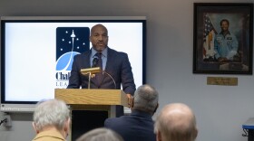 Richland County School District One Superintendent Todd Walker speaks at Wednesday's event at the Challenger Learning Center in Columbia. "Students, good to see you are the stars of the show," he said.