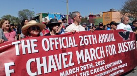 San Antonio Mayor Ron Nirenberg helps to lead the Cesar Chavez March in Downtown San Antonio