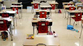 In this March 2021 photo, desks are arranged in a classroom at an elementary school in Nesquehoning, Pa. (AP Photo/Matt Slocum, File)