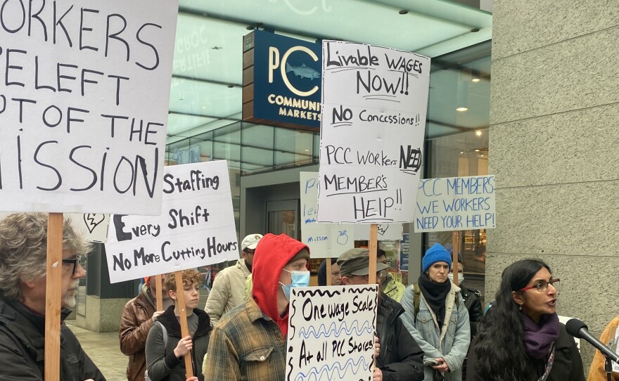 Seattle Councilmember Kshama Sawant stands alongside PCC workers on March 13, 2023.