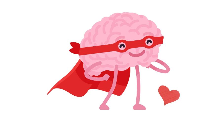 A cartoon image of a personified brain, which is wearing a red mask and cape, and flexing its noodle-like arms while smiling. Next to it is a small red heart.
