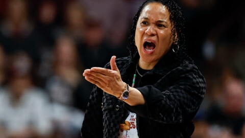 South Carolina head coach Dawn Staley argues a call during the second half of an NCAA college basketball game against Missouri in Columbia, S.C., Thursday, Feb. 26, 2026. (AP Photo/Nell Redmond)