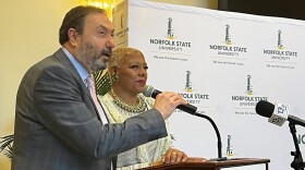 (Photo by Ryan Murphy) EVMS President Alfred Abuhamad (left) and NSU President Javaune Adams-Gaston announce the new ENRICHe initiative at Norfolk State on Tuesday, Jan 24.