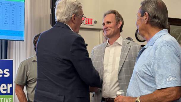 Republican Assemblyman James Gallagher, center, celebrates his projected win in the special election for California's 1st Congressional District on Tuesday, June 2, 2026, at The Palms in Chico, Calif.