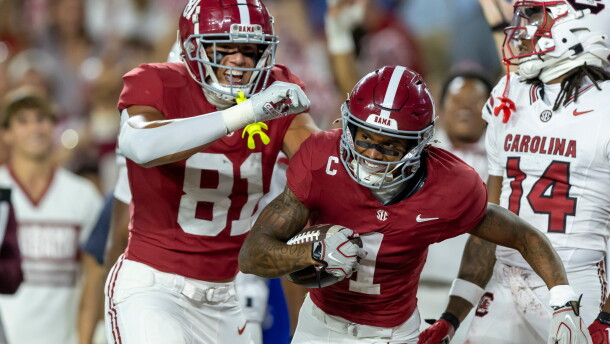 Alabama tight end Kaleb Edwards (81) and wide receiver Ryan Coleman-Williams (1) celebrate after a score by Coleman-Williams during the first half of an NCAA college football game against South Carolina, Saturday, Sept. 26, 2026, in Tuscaloosa, Ala. (AP Photo/Vasha Hunt)