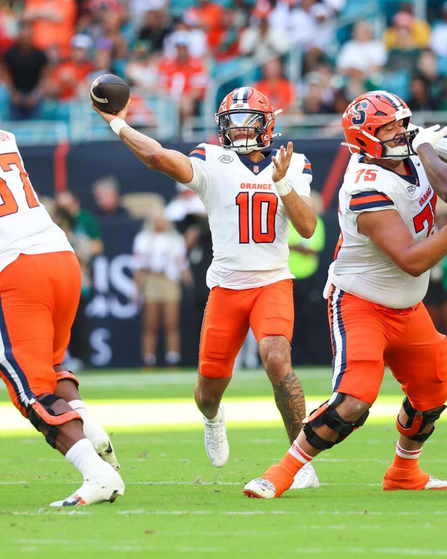 Rickie Collins (10, White) attempts a pass in SU’s loss to Miami