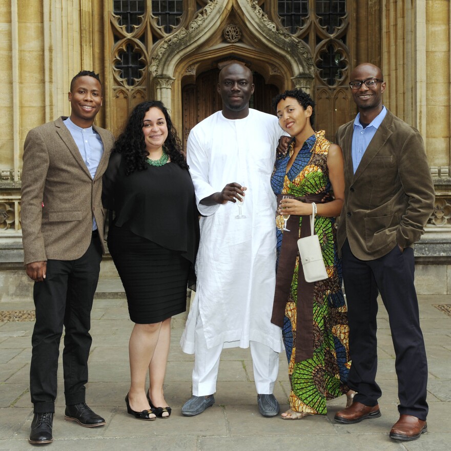 Serpell stands beside her fellow shortlisted writers: (left to right) Masande Ntshanga, F.T. Kola, Elnathan John and Segun Afolabi.