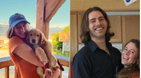 A side by side image of a girl holdinng a puppy on a deck and a white man with long hair smiling