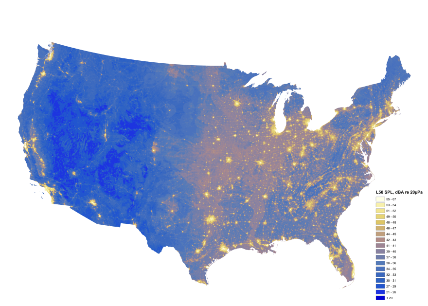 This National Park Service sound map displays noise pollution across the contiguous U.S. Brighter colors indicate louder areas.