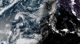 This satellite image shows Tropical Storm Lala west of the Hawaiian Islands on Sunday afternoon, Aug. 16, 2026.