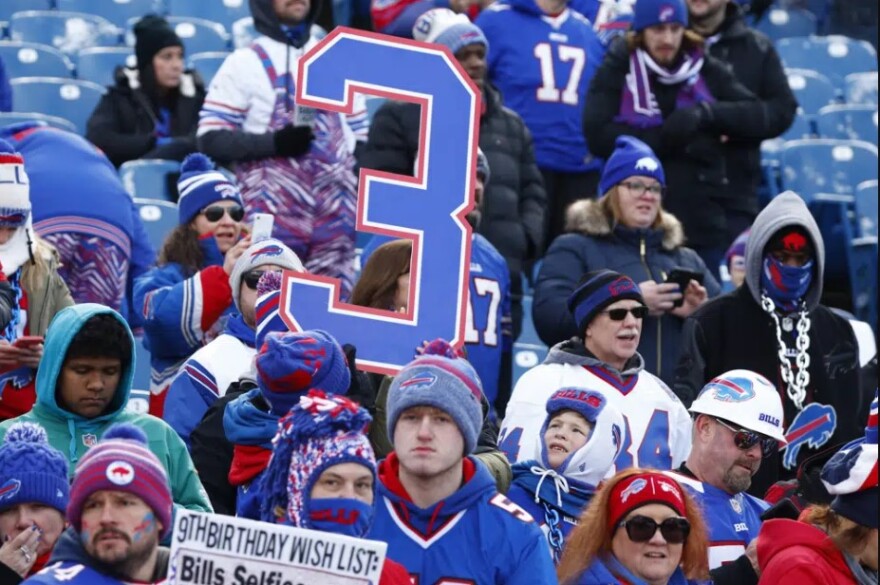 Fans show their support for Buffalo Bills safety Damar Hamlin prior to an NFL wild-card playoff football game between the Buffalo Bills and the Miami Dolphins, Sunday, Jan. 15, 2023, in Orchard Park.