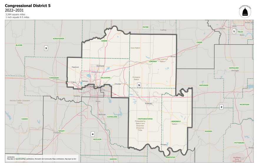 A map showing Oklahoma's fifth congressional district, which includes six counties in central Oklahoma and intersects with multiple tribal jurisdictions.