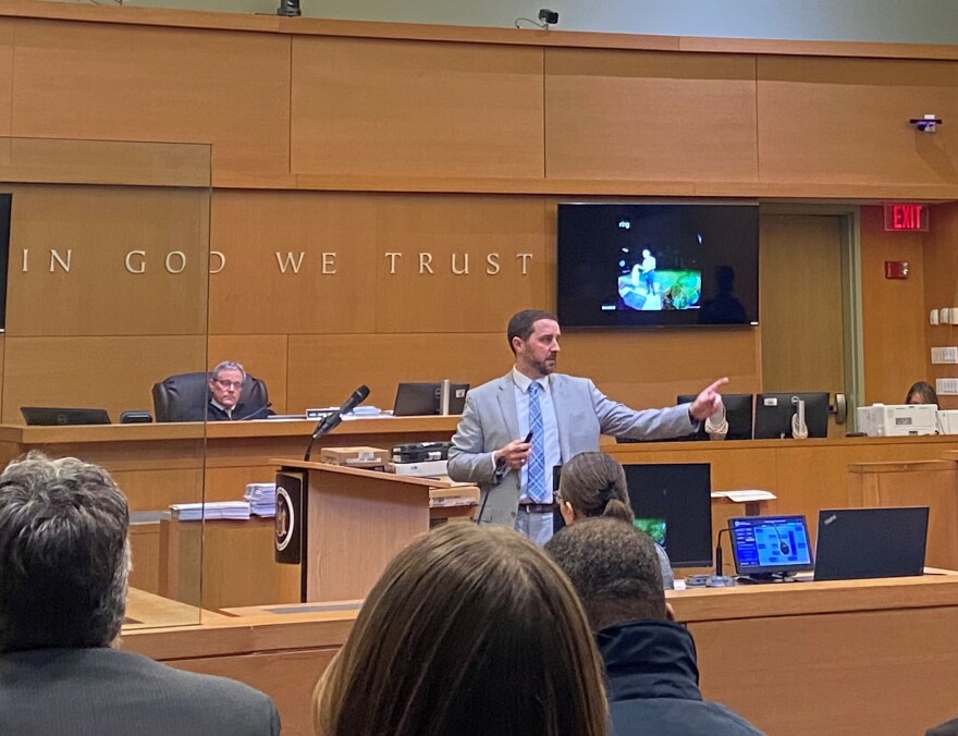 An attorney delivers a closing statement in Orange County Court in Goshen on Monday, March 23, 2026.