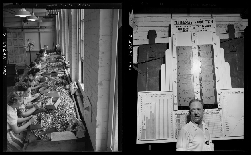 (LEFT) Women at the Stanley plant searching for defective bullet jackets in New Britain, Connecticut May 1943. (RIGHT) Production board at the Stanley plant in New Britain, Connecticut May 1943.