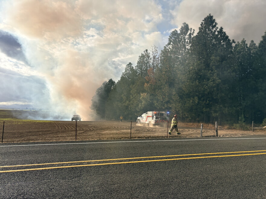An outdoor burn pile spread to a grove of trees in Lebanon Saturday.