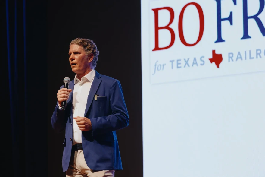 Republican candidate for Railroad Commissioner Bo French speaks at the Red River Roll Call, a Republican rally hosted by state Rep. Shelley Luther, in Sherman on July 27, 2026.