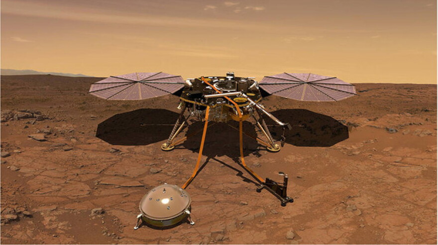 An artist's interpretation of the InSight lander operating on the Martian surface.