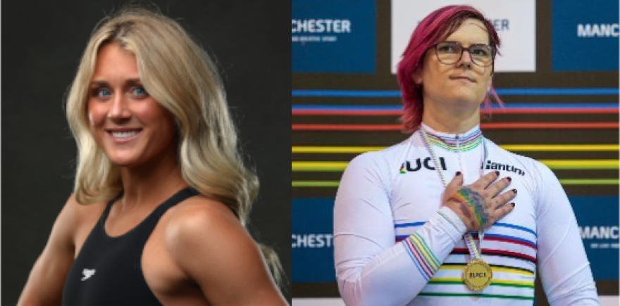 (L-R) Riley Gaines, a former NCAA All-Star swimmer at the Un iversity of Kentucky, is a spokesperson for the conservative Independent Women's Forum; Dr. Veronica Ivy is a trans athlete and activist, and a Master track-cycling world champion.